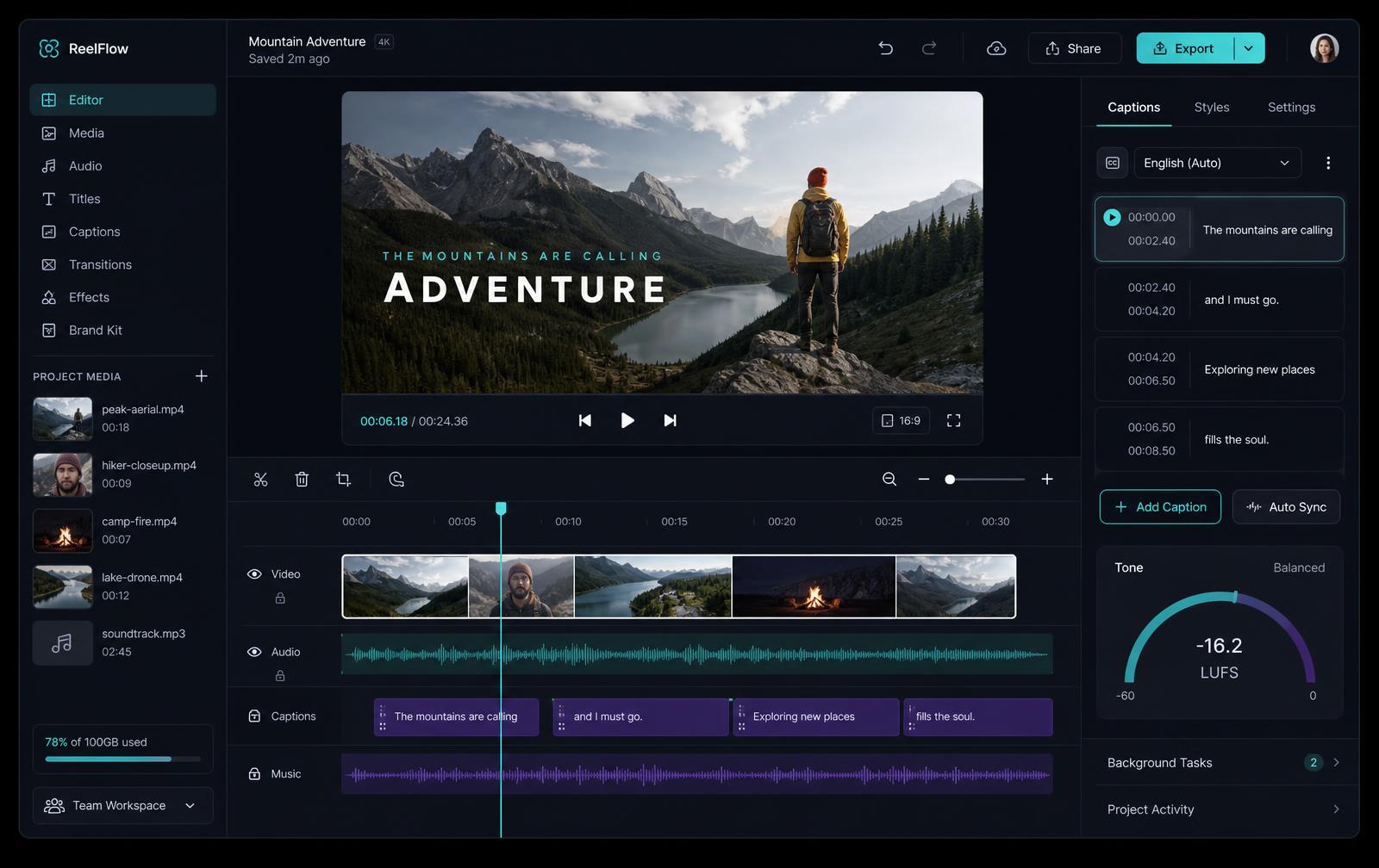 Shocell editor showing a video preview, timeline and caption panel